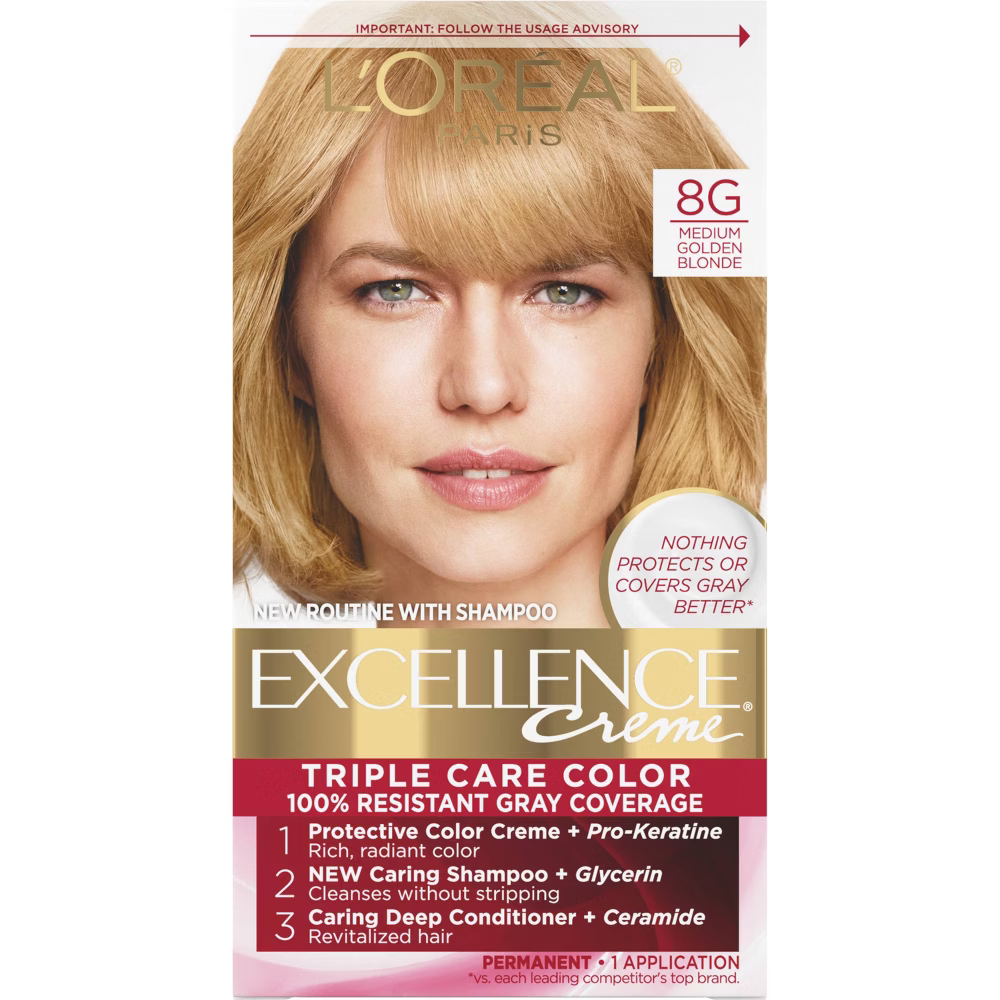 Tinte permanente L'Oréal Paris Excellence Triple Protección - 8G Rubio Dorado Medio (186.2 ml)