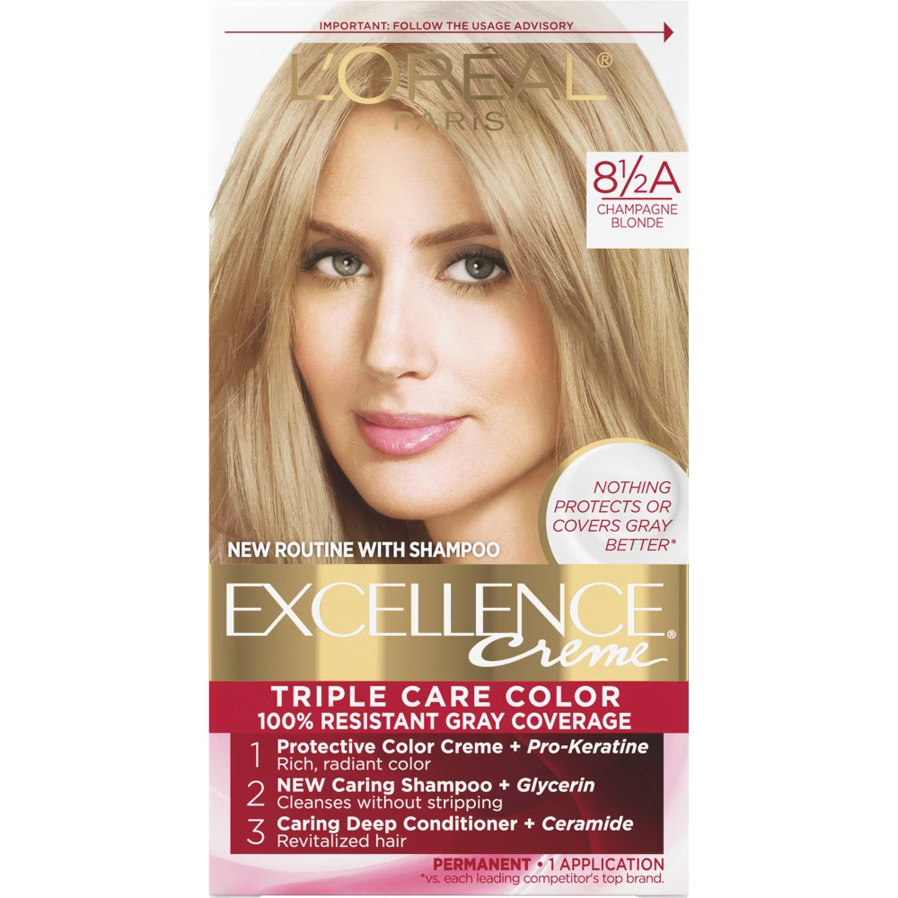 Tinte permanente Excellence Triple Protección de L'Oréal Paris - Rubio Champán 8.5A (186.2 ml)