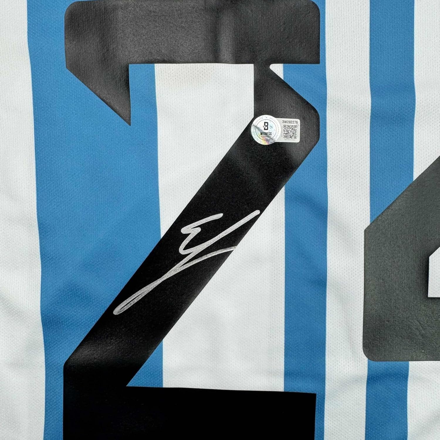 Framed Autographed/Signed Enzo Fernandez 35x39 Argentina Blue/White Soccer World Cup Jersey Beckett BAS COA