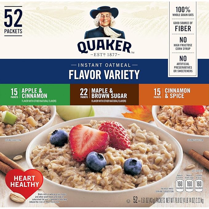 QUAKER INSTANT OATMEAL, 3 FLAVOR VARIETY PACK (52 COUNT)