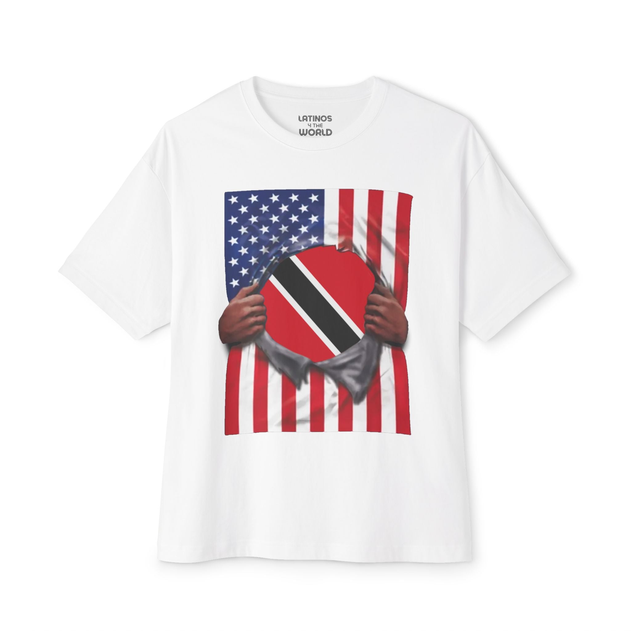 Camiseta del Orgullo con la Bandera de Trinidad y Tobago y la Bandera de EE. UU. | Desgarro de la Bandera de Trinidad y Tobago y la Bandera Estadounidense para el 4 de Julio | Camisetas Latinas Virales Divertidas | Unisex - 4 Colores