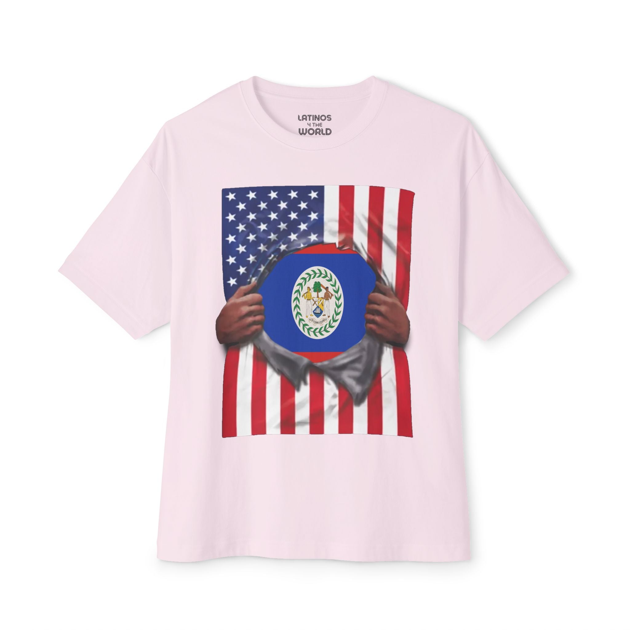 Camiseta del Orgullo de las Banderas de Belice y EE. UU. | Bandera de Belice + Bandera de EE. UU. Rasgada 4 de Julio | Camisetas Divertidas y Virales Latinas | Unisex - 4 Colores