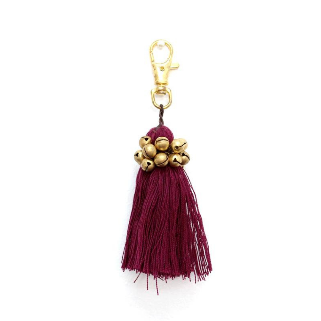 Fair Trade Cotton Tassel Zipper Pull with Bells | Handmade Keychain or Bag Charm from Thailand