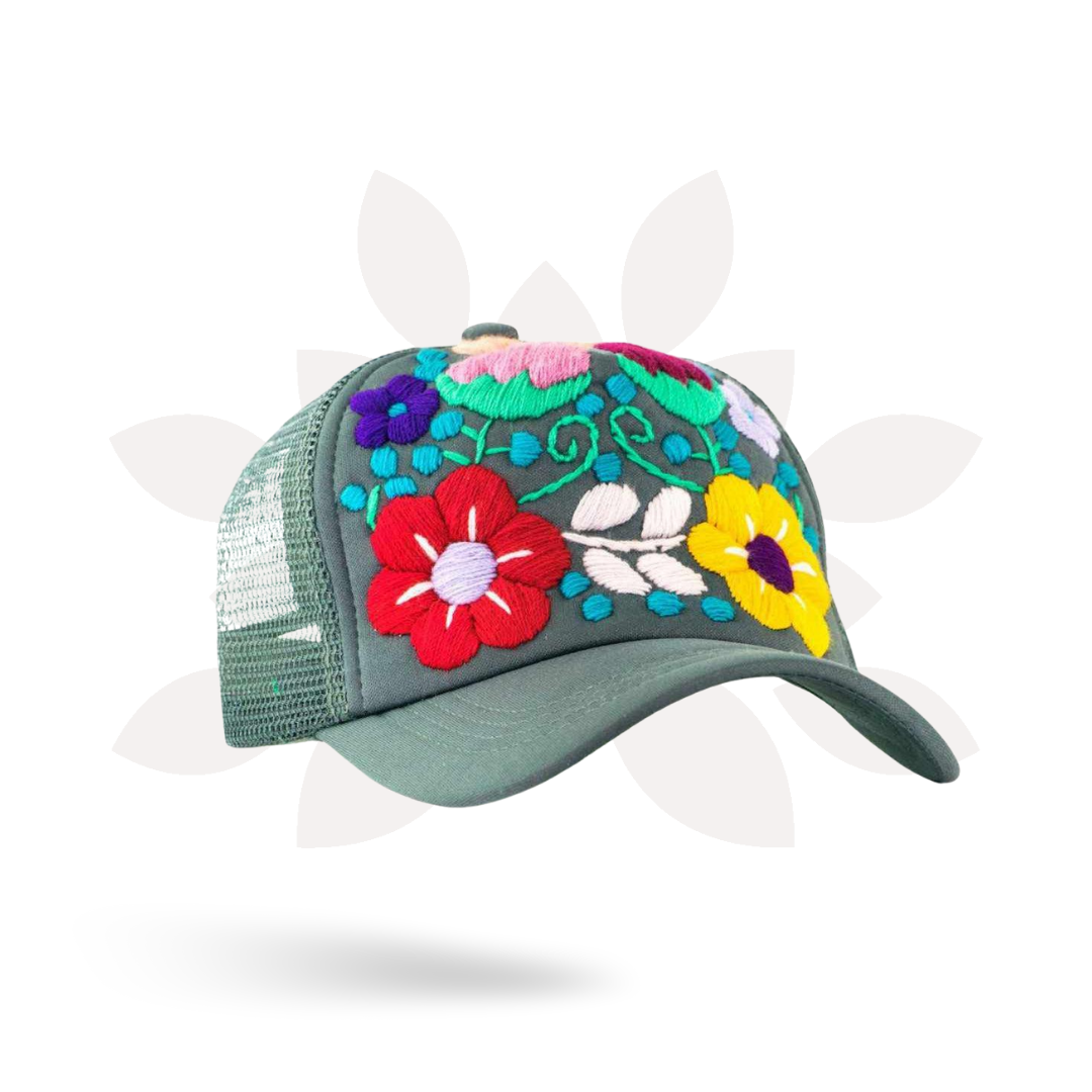 Tulum Hand Embroidered Trucker Flower Hat - Mexico