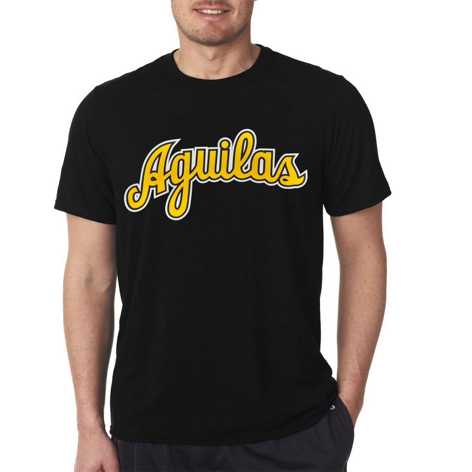 Camisetas negras Aguilas con letras cursivas AMARILLO-BLANCAS
