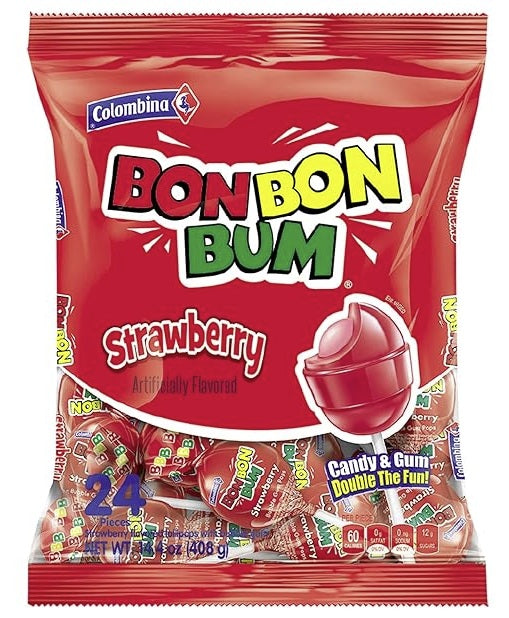 Colombina Bon Bon Bum Strawberry Lollipops - 24 Counts