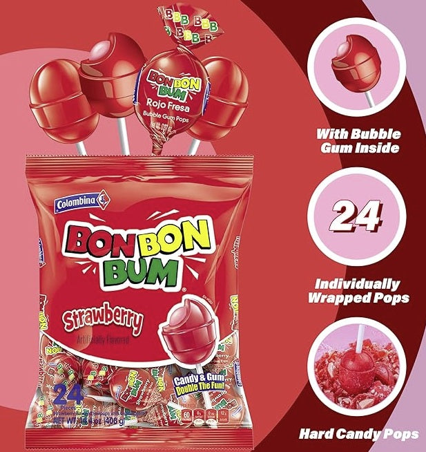 Colombina Bon Bon Bum Strawberry Lollipops - 24 Counts