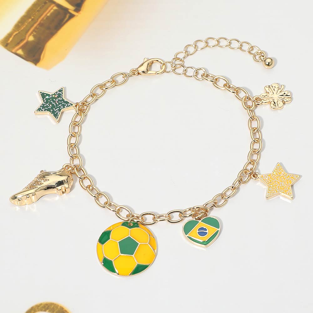 Brazil Soccer Ball Shoe Star Charm Station Bracelet
