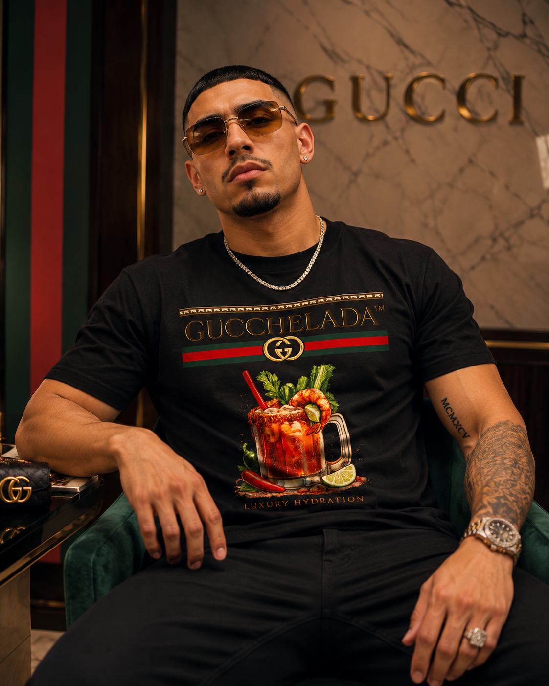 GUCCHELADA™ Luxury Hydration Fashion T-shirt | Michelada Latino Lover Graphic Humor | Heavyweight Cotton