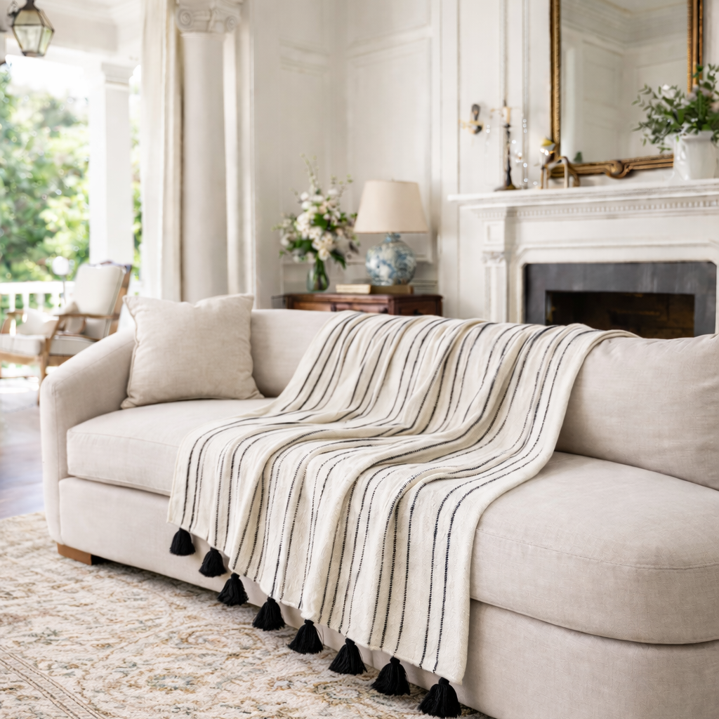 Miska Collection - Handloomed 100% Alpaca Throw Blanket From Peru - Ink & Ivory Pinstripe