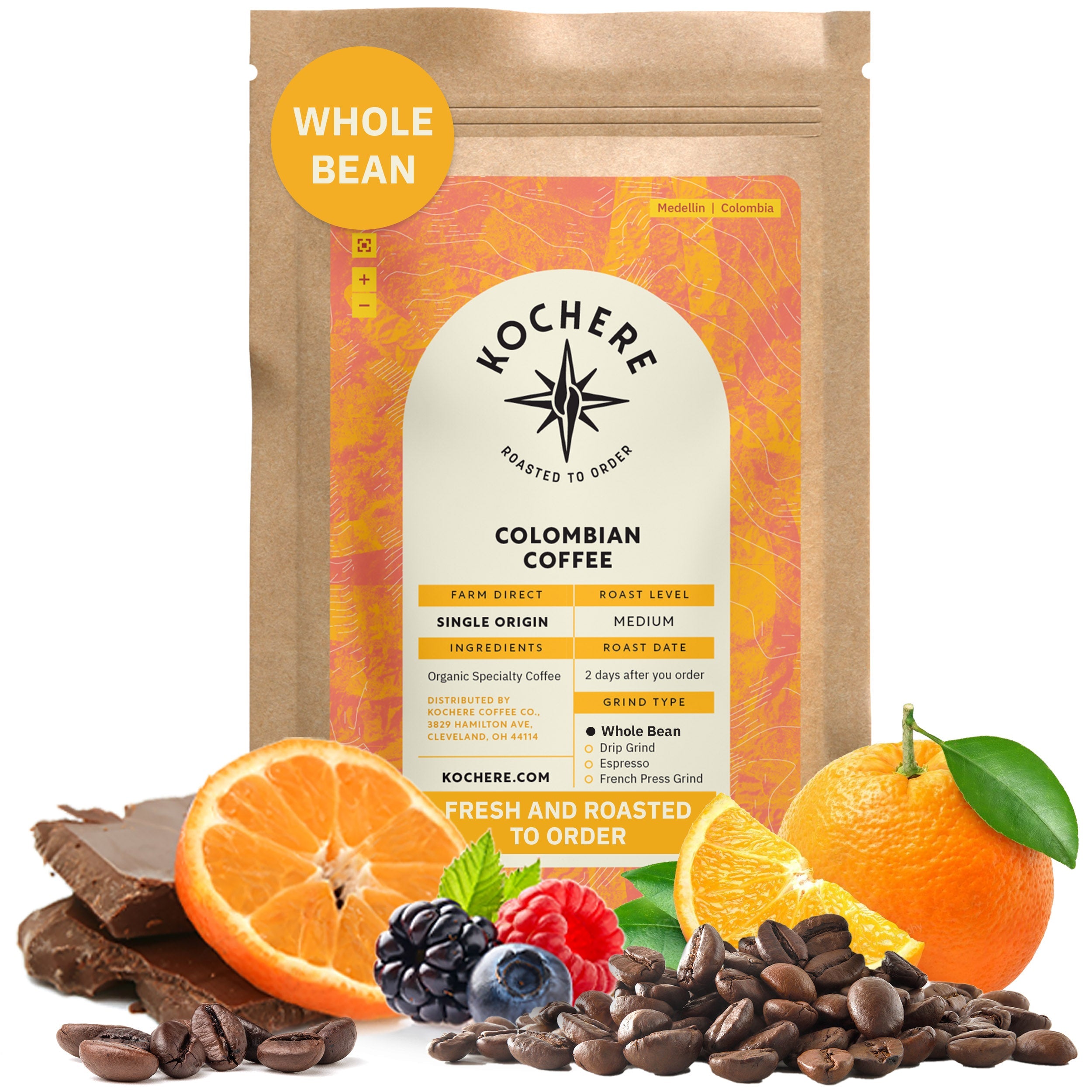 Kochere Coffee Colombian Medellin Single Origin Medium Roast - Dried Orange, Berry Notes