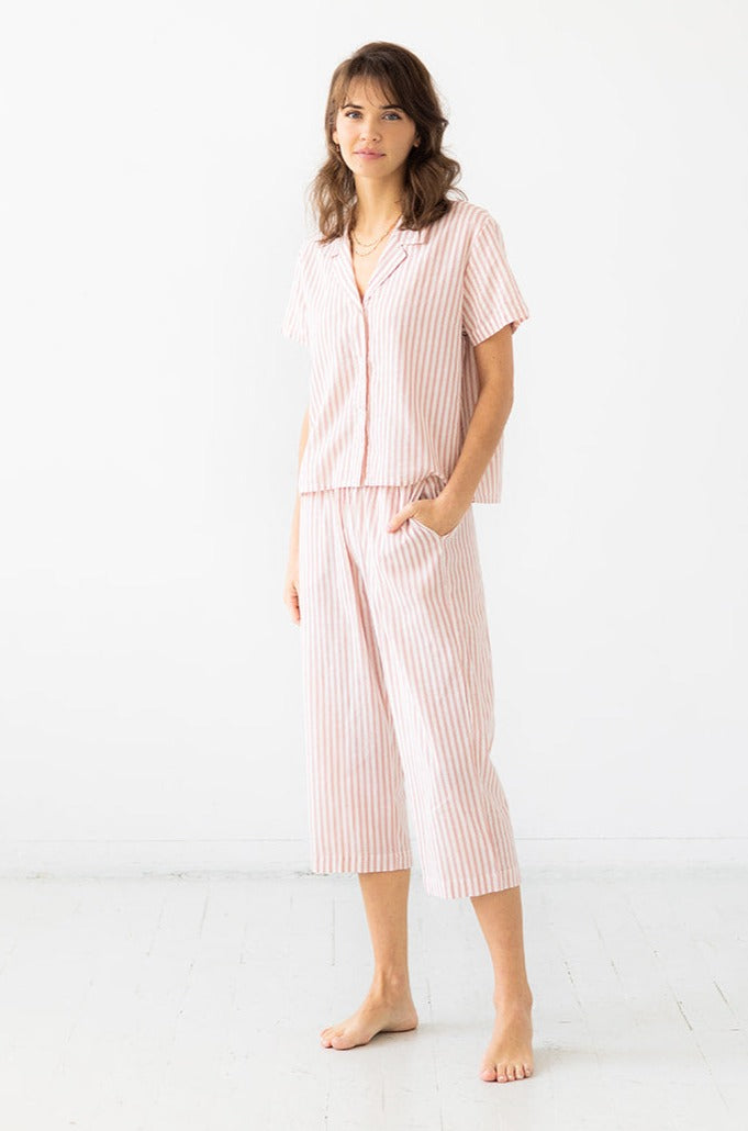 Camisa corta abotonada-Capri a rayas de talle alto