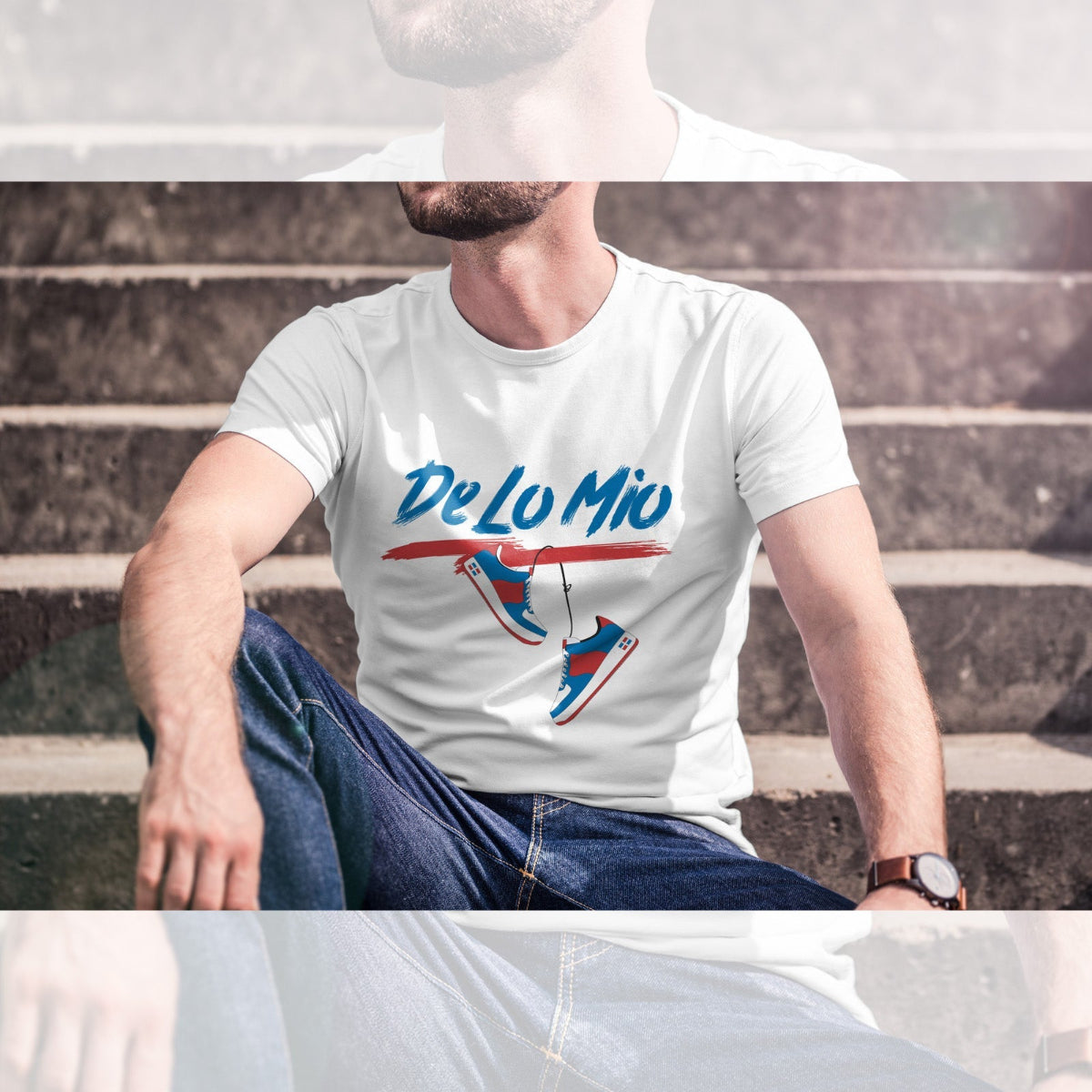 Camiseta estampada con la frase dominicana "De lo mío"