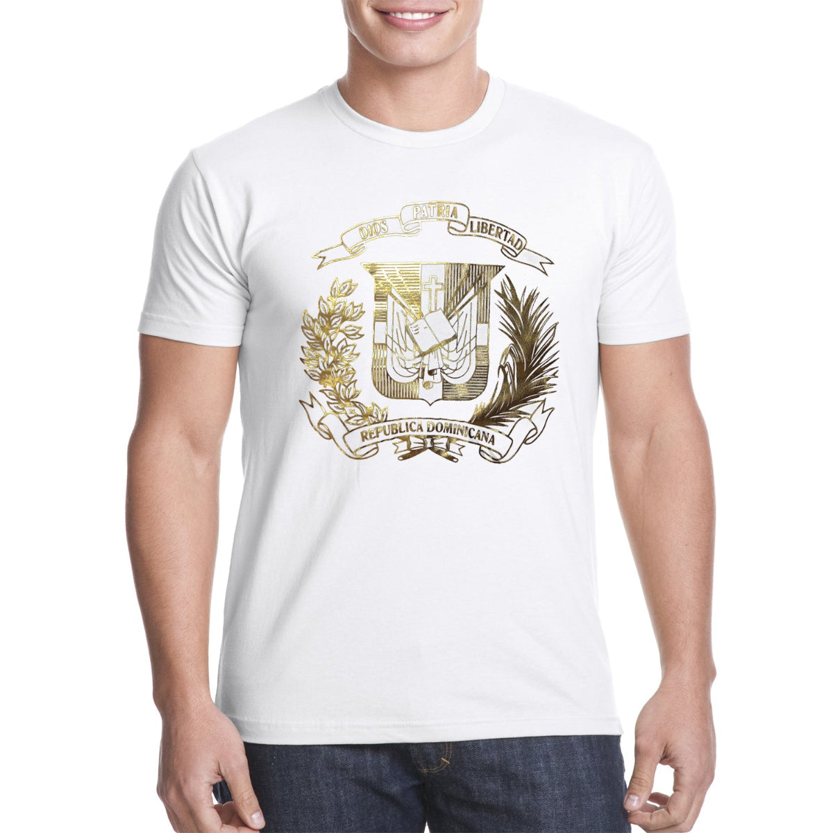 Diseño de camiseta prémium con escudo dominicano, oro metálico, ligera y suave