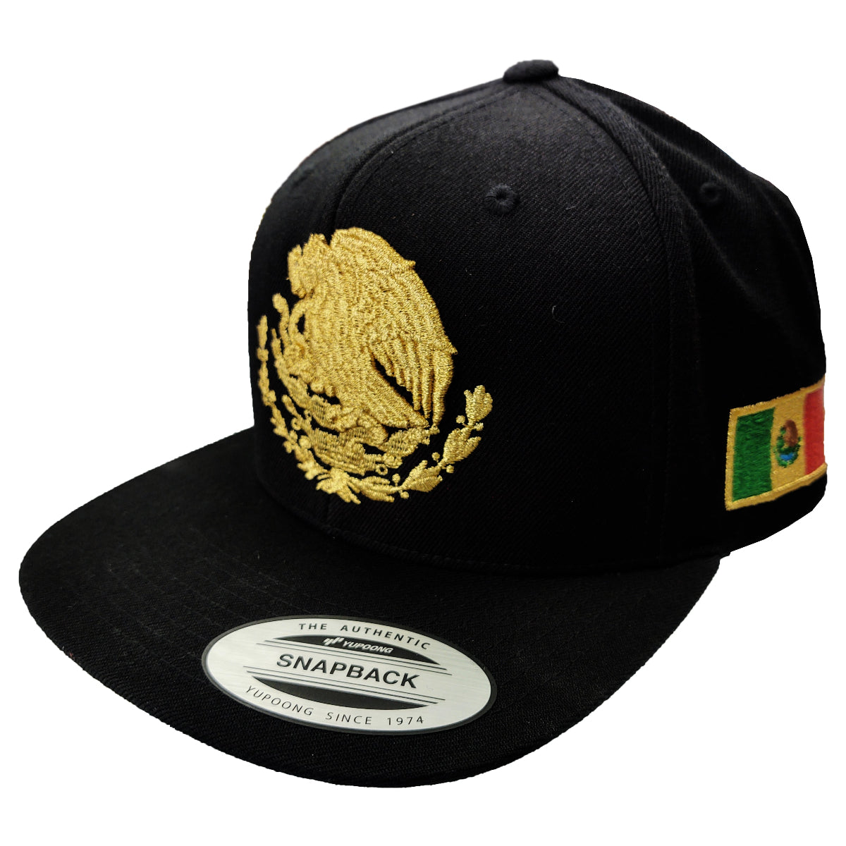Gorra SnapBack bordada con escudo y bandera de México Negra - Dorada