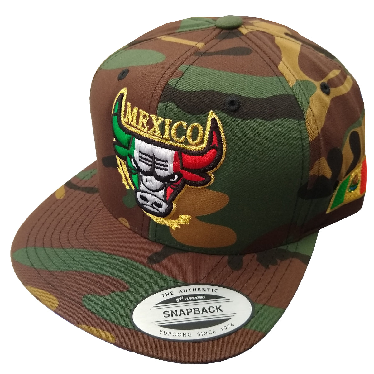Gorra SnapBack bordada con logotipo de Toro Mexicano y camuflaje