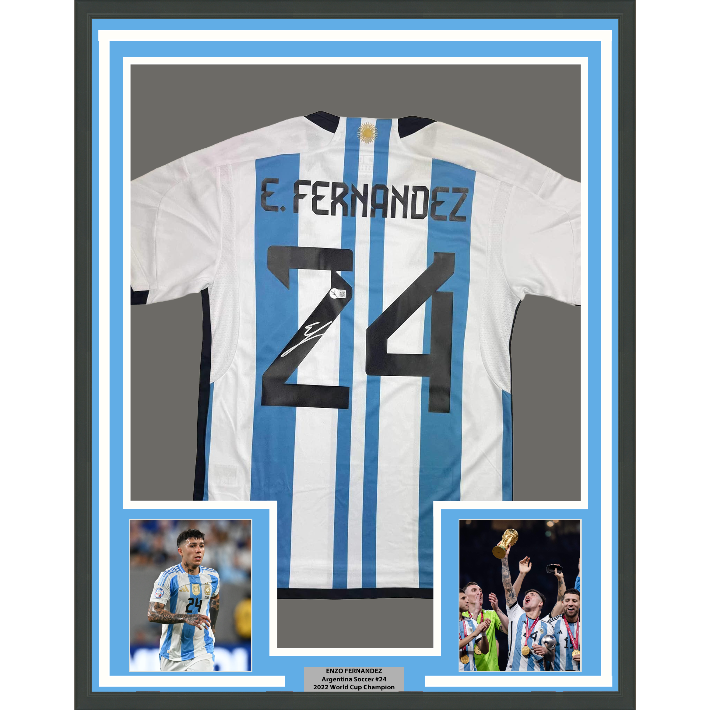 Framed Autographed/Signed Enzo Fernandez 35x39 Argentina Blue/White Soccer World Cup Jersey Beckett BAS COA