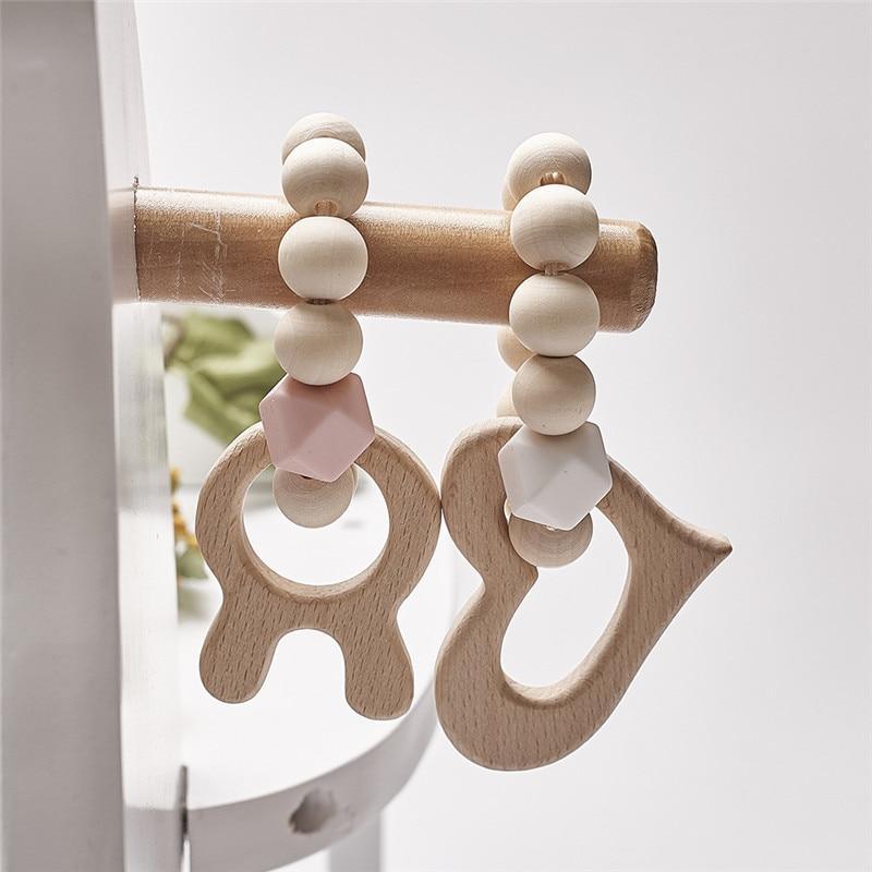 Modern Baby Silicone Wooden Nursing Bracelets Wood Teether Silicone Beads Teething Wood Rattles Toys for Baby