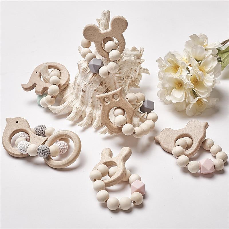Modern Baby Silicone Wooden Nursing Bracelets Wood Teether Silicone Beads Teething Wood Rattles Toys for Baby
