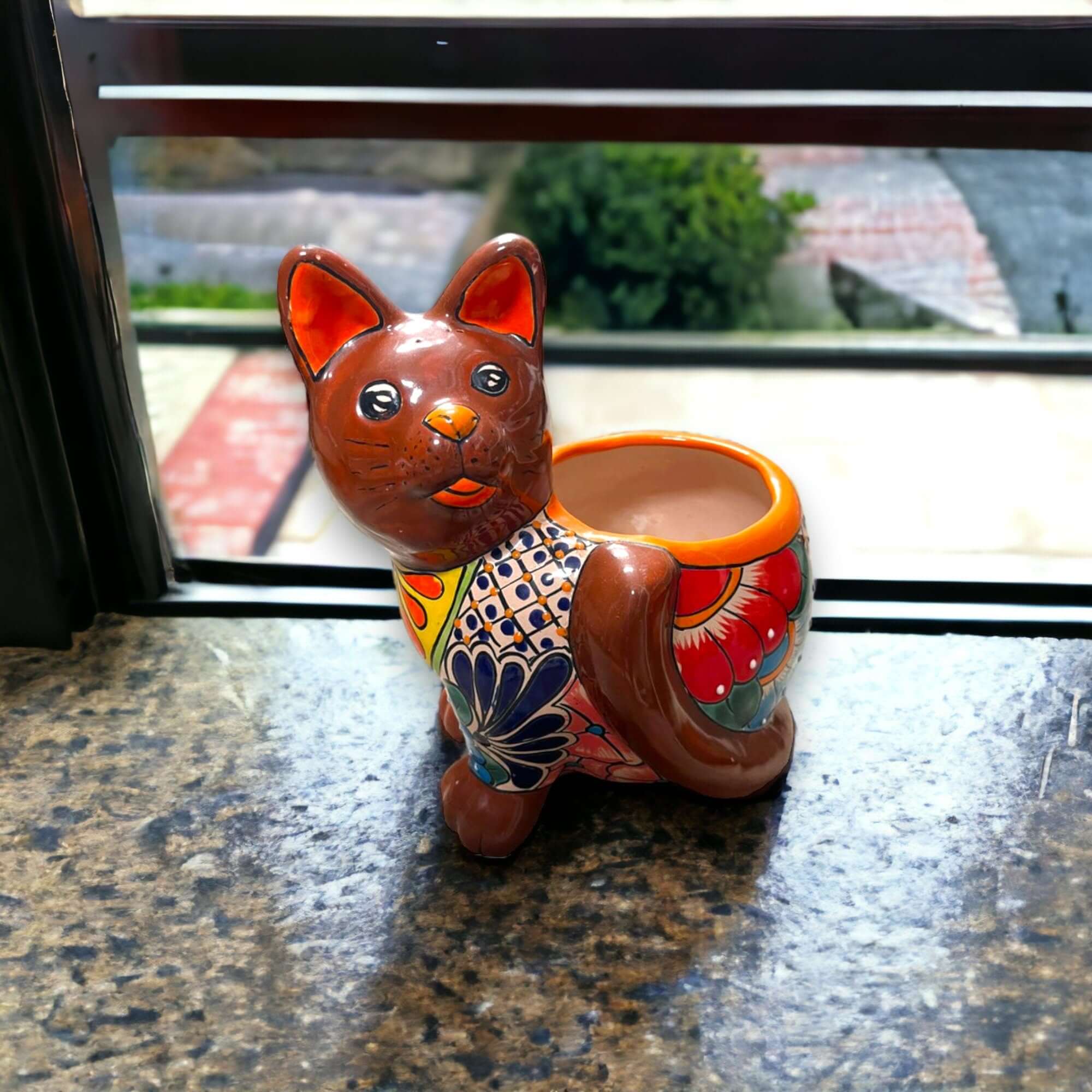 Maceta de gato hecha a mano | Obra de arte de Talavera de gato pintada a mano (tamaño mediano)