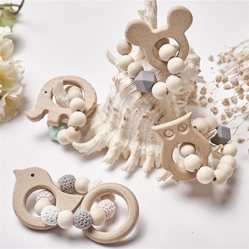 Modern Baby Silicone Wooden Nursing Bracelets Wood Teether Silicone Beads Teething Wood Rattles Toys for Baby