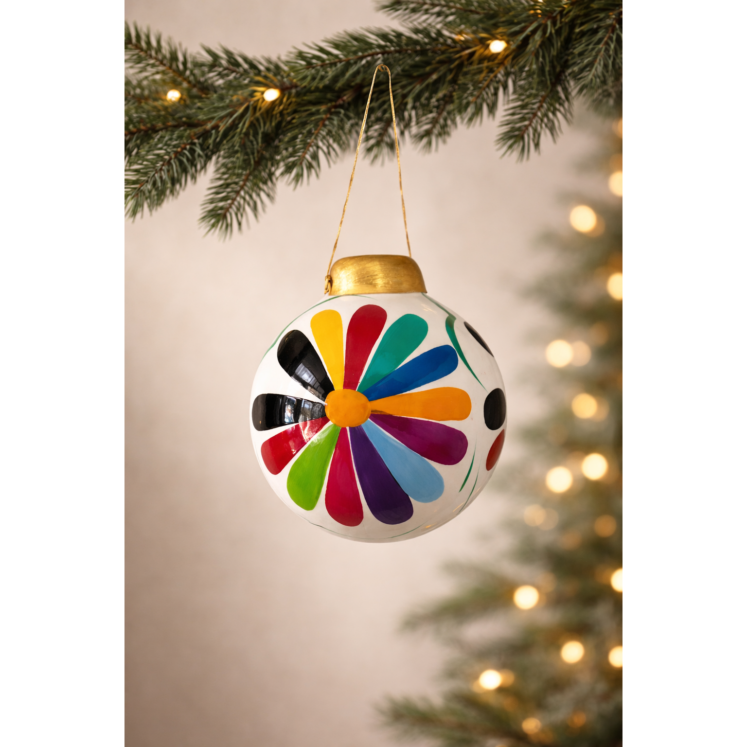Hand-Painted Ceramic Colorful Sphere Boho Flower Ornament - Mexico