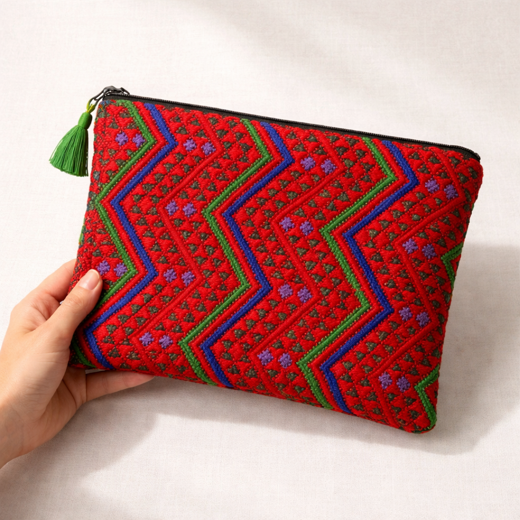 Bolsa de cosméticos huipil reciclada maya única (XL) - Guatemala