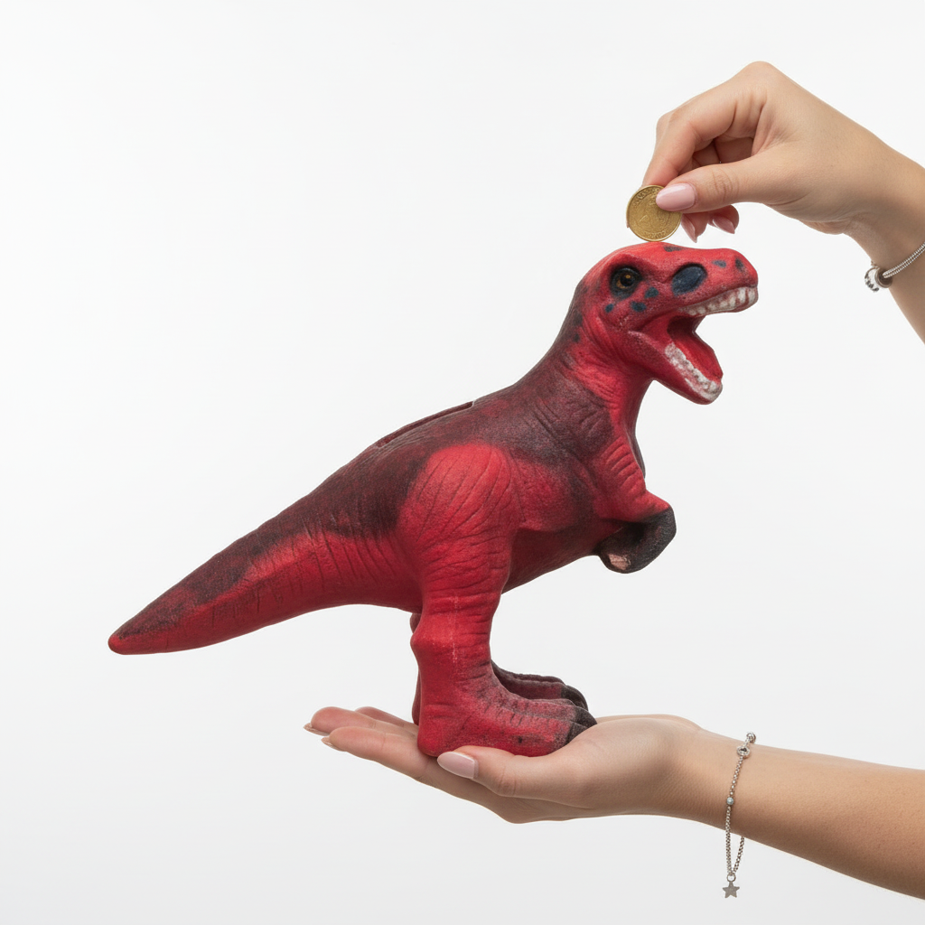 Hucha de dinosaurio roja y verde