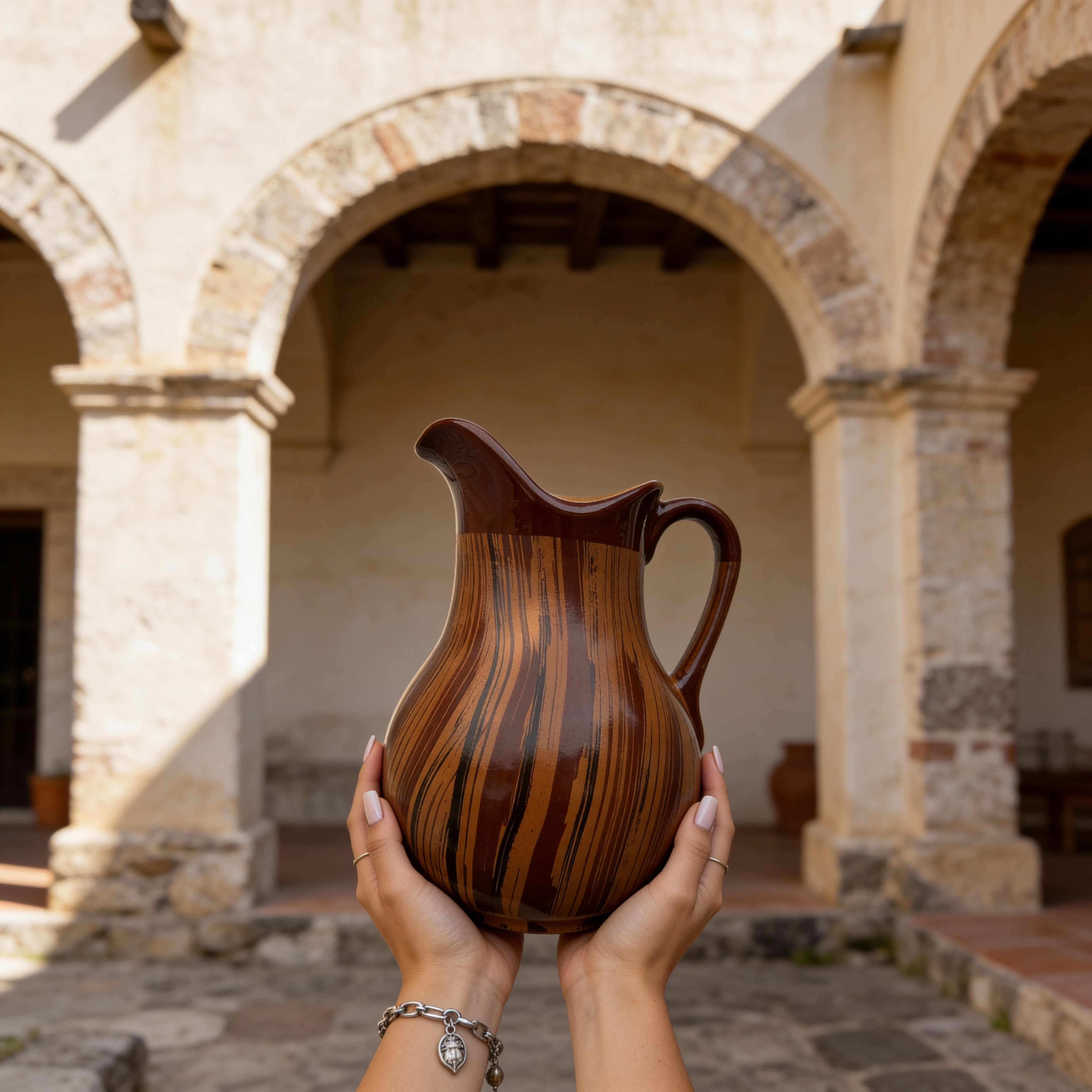 Juego de jarra y vasos de barro mexicano