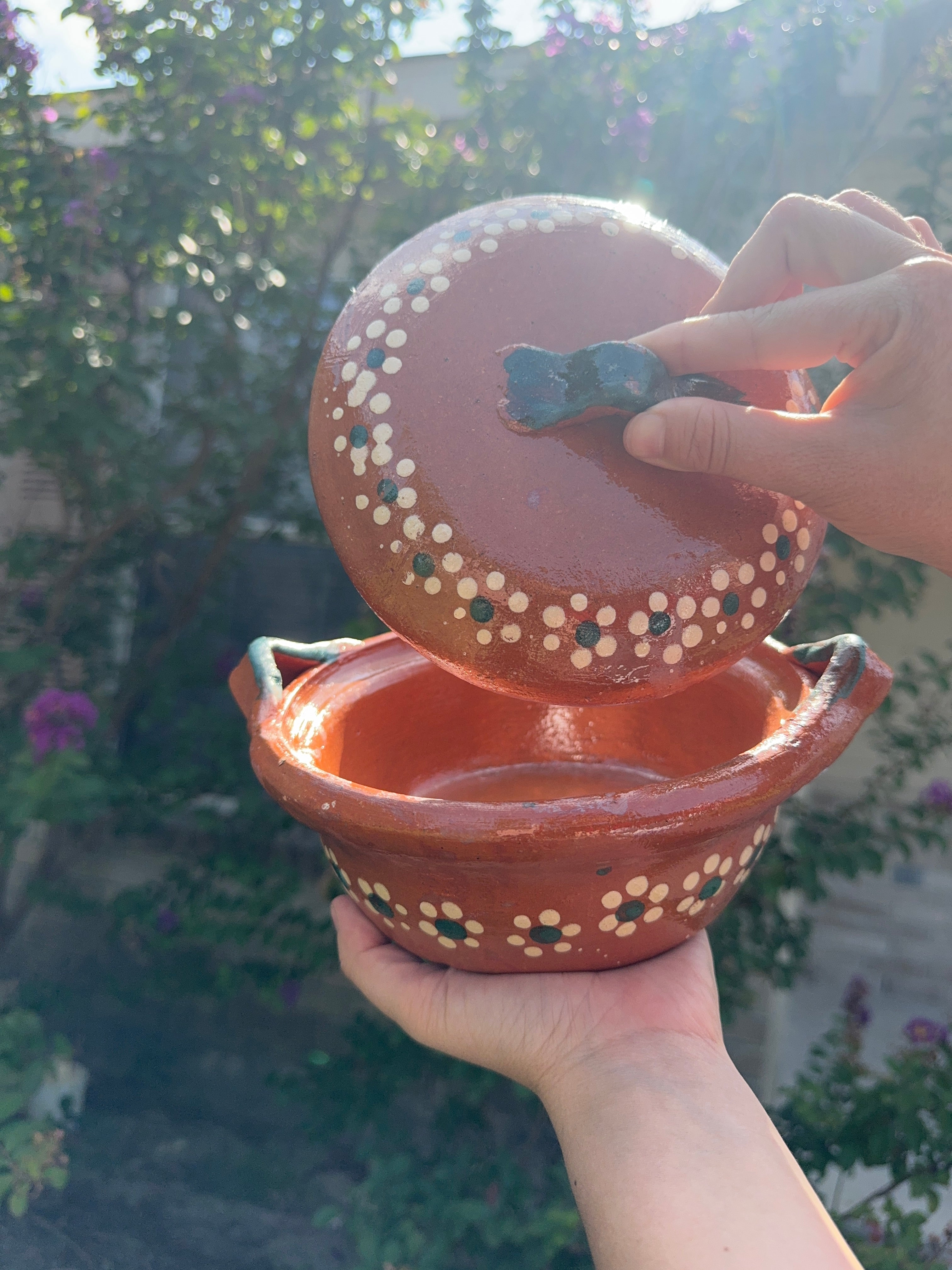 Handmade traditional small mexican 7” casserole with lid - cazuela de barro con tapa chica