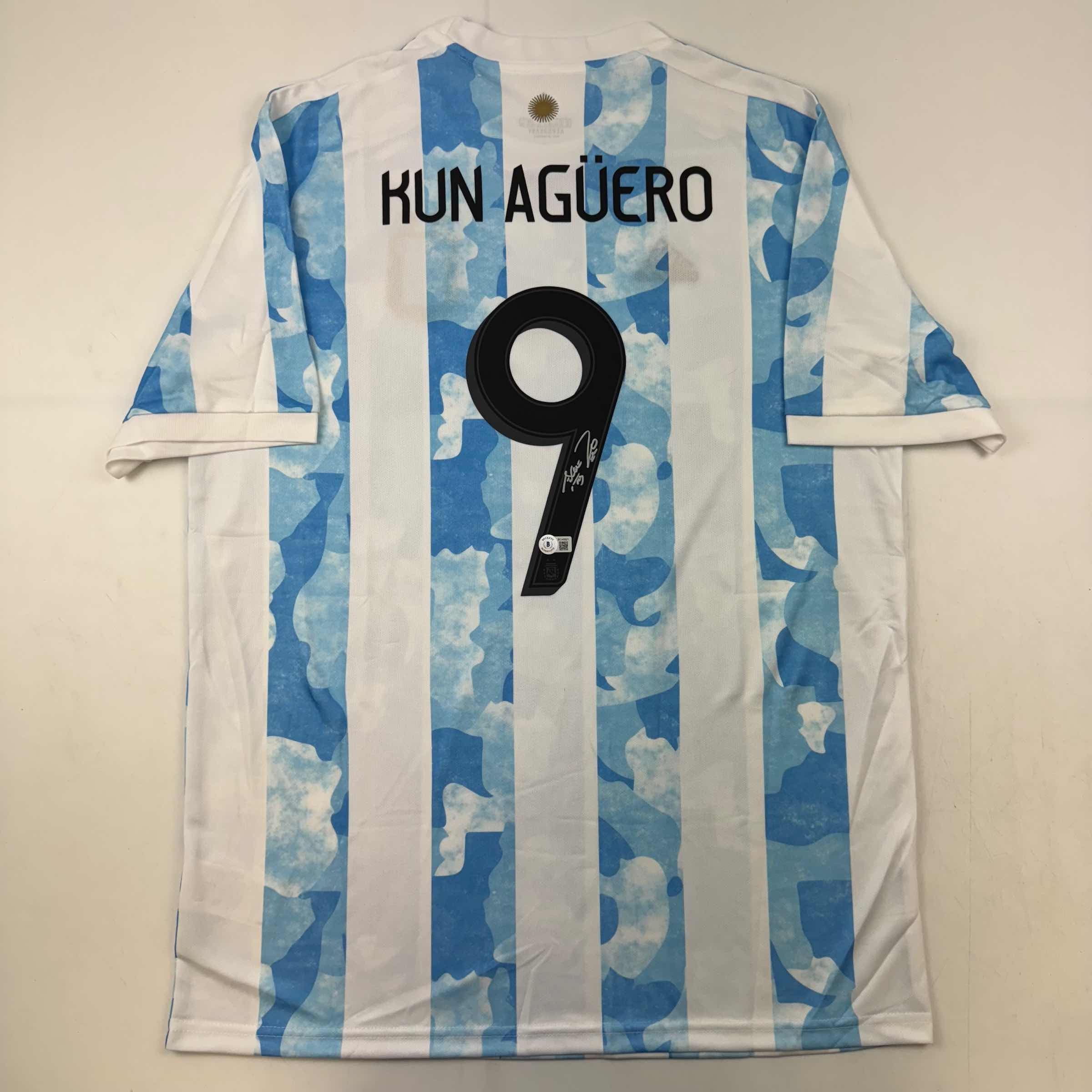 Autographed/Signed Sergio Kun Aguero 2021 Argentina Home Blue Soccer Futbol Jersey Beckett BAS COA