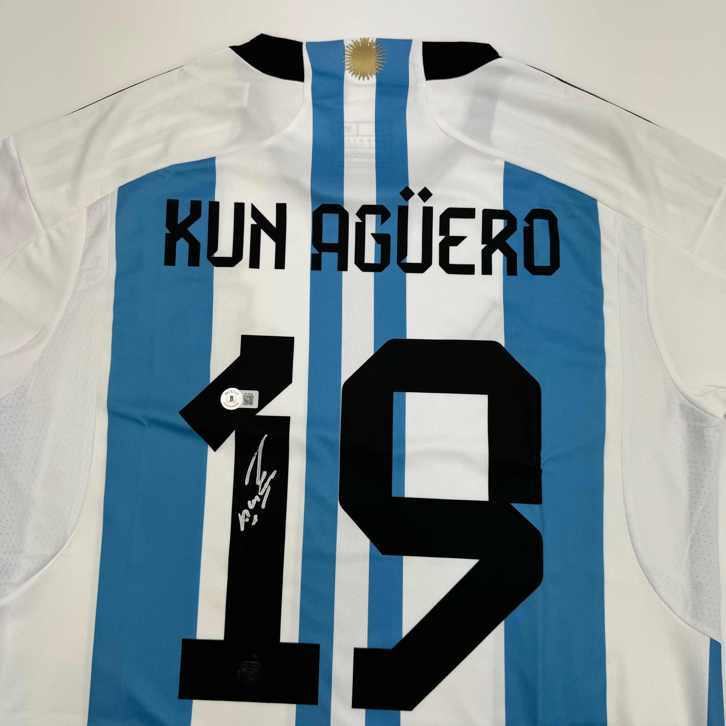 Autographed/Signed Sergio Kun Aguero Argentina Blue Soccer Futbol Jersey Beckett BAS COA