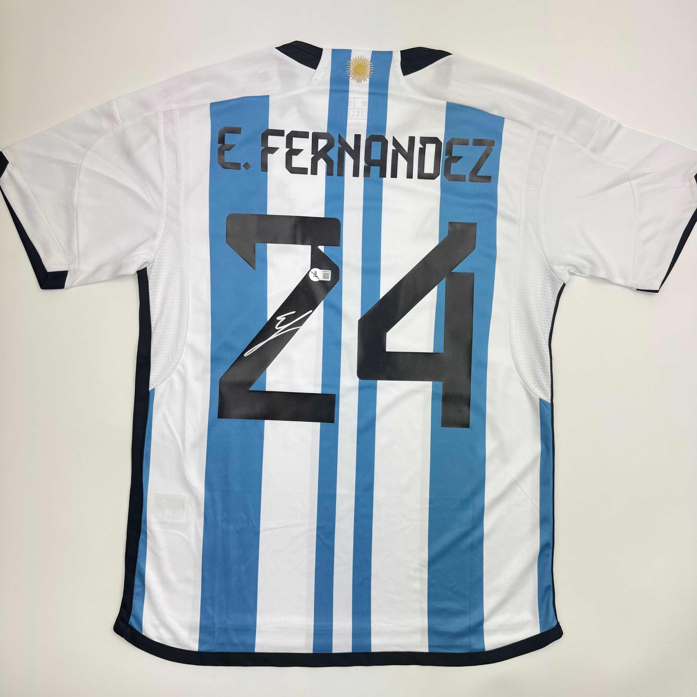 Autographed/Signed Enzo Fernandez Argentina Blue/White Soccer World Cup Jersey Beckett BAS COA
