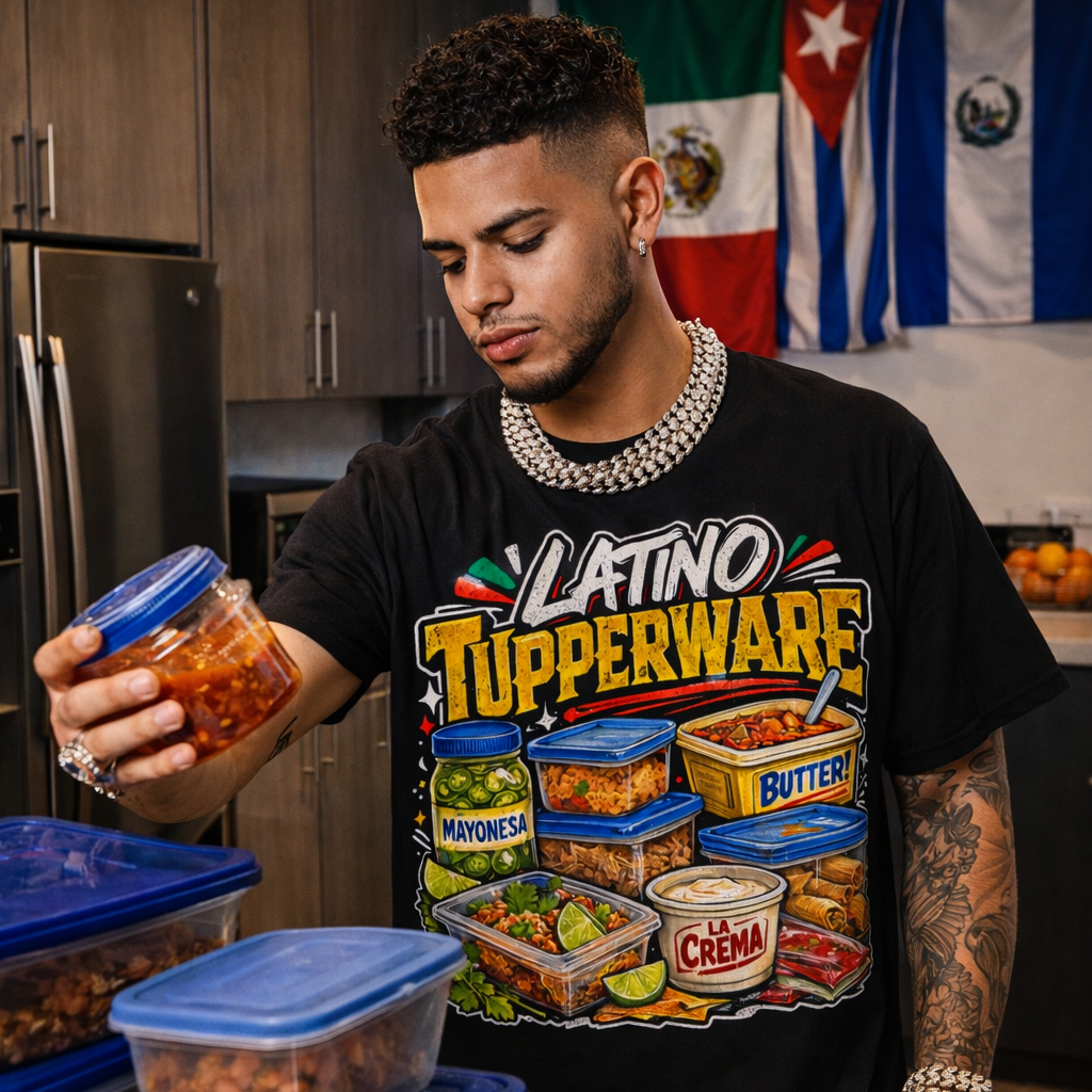 LATINO TUPPERWARE T-shirt | Hispanic Leftovers Food Culture Tee – Mexican Mom Abuela Kitchen Humor | Heavyweight Cotton