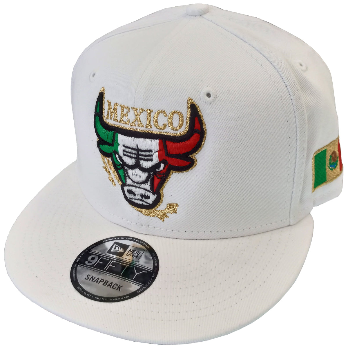 Gorra Blanca New Era SnapBack Bordada con Logo de Toro Mexicano