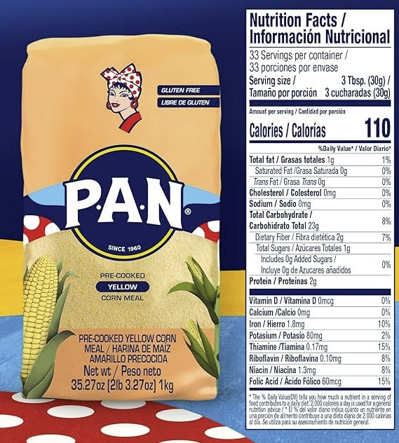 P.A.N. Yellow Corn Meal – Pre-cooked Gluten Free and Kosher Flour for Arepas (2.2 lbs)