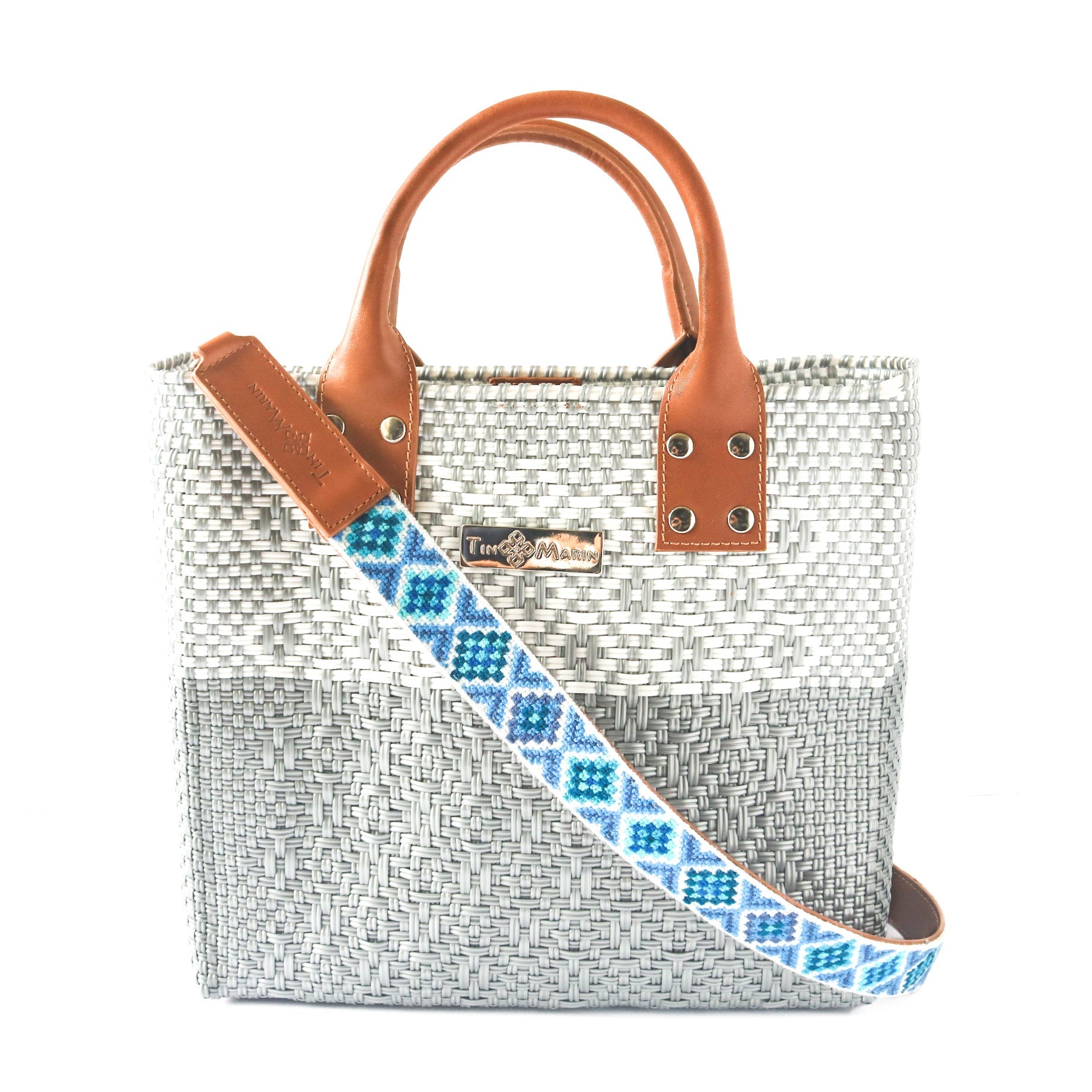 Correa de bolso Mai tejida - Azul con piel