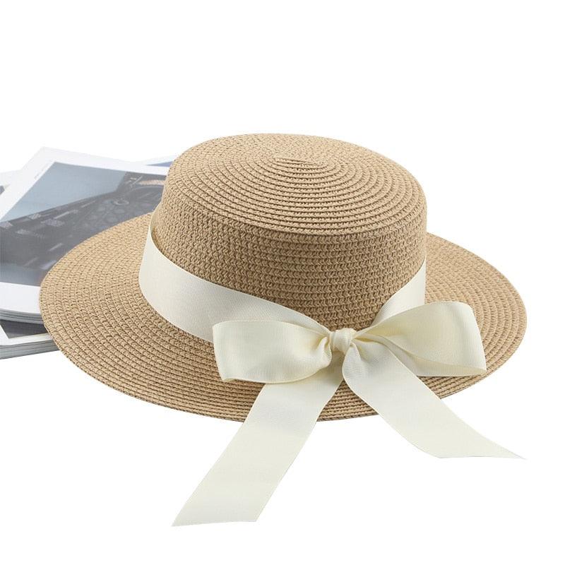Elegant Adult Bucket Hat Beach Summer Straw Hats for Women Beach Sun Straw Hat Wide Luxury Comfortable Hat Flat Top Ribbon Bowknot Elegant Luxury Women Summer Hat 56-58cm