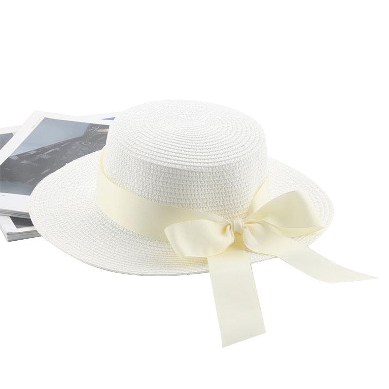Elegant Adult Bucket Hat Beach Summer Straw Hats for Women Beach Sun Straw Hat Wide Luxury Comfortable Hat Flat Top Ribbon Bowknot Elegant Luxury Women Summer Hat 56-58cm