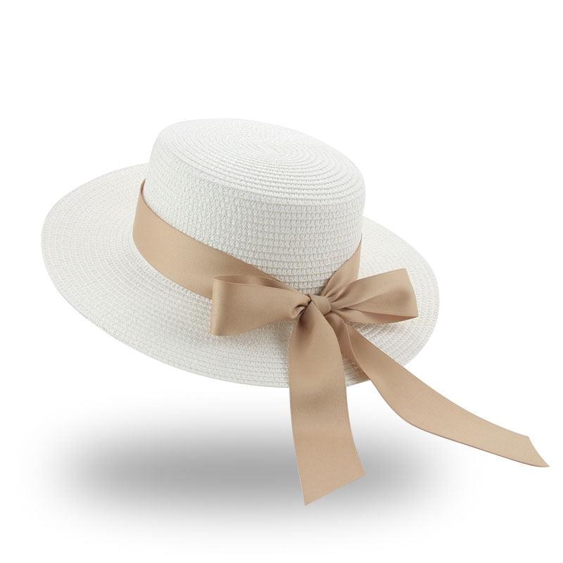 Elegant Adult Bucket Hat Beach Summer Straw Hats for Women Beach Sun Straw Hat Wide Luxury Comfortable Hat Flat Top Ribbon Bowknot Elegant Luxury Women Summer Hat 56-58cm