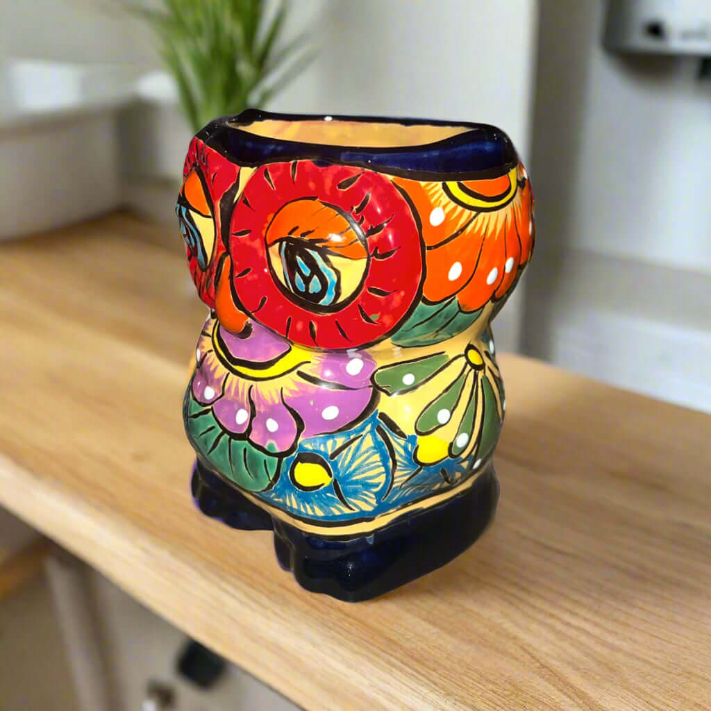Maceta Búho Talavera | Cerámica de Doble Cara Pintada a Mano
