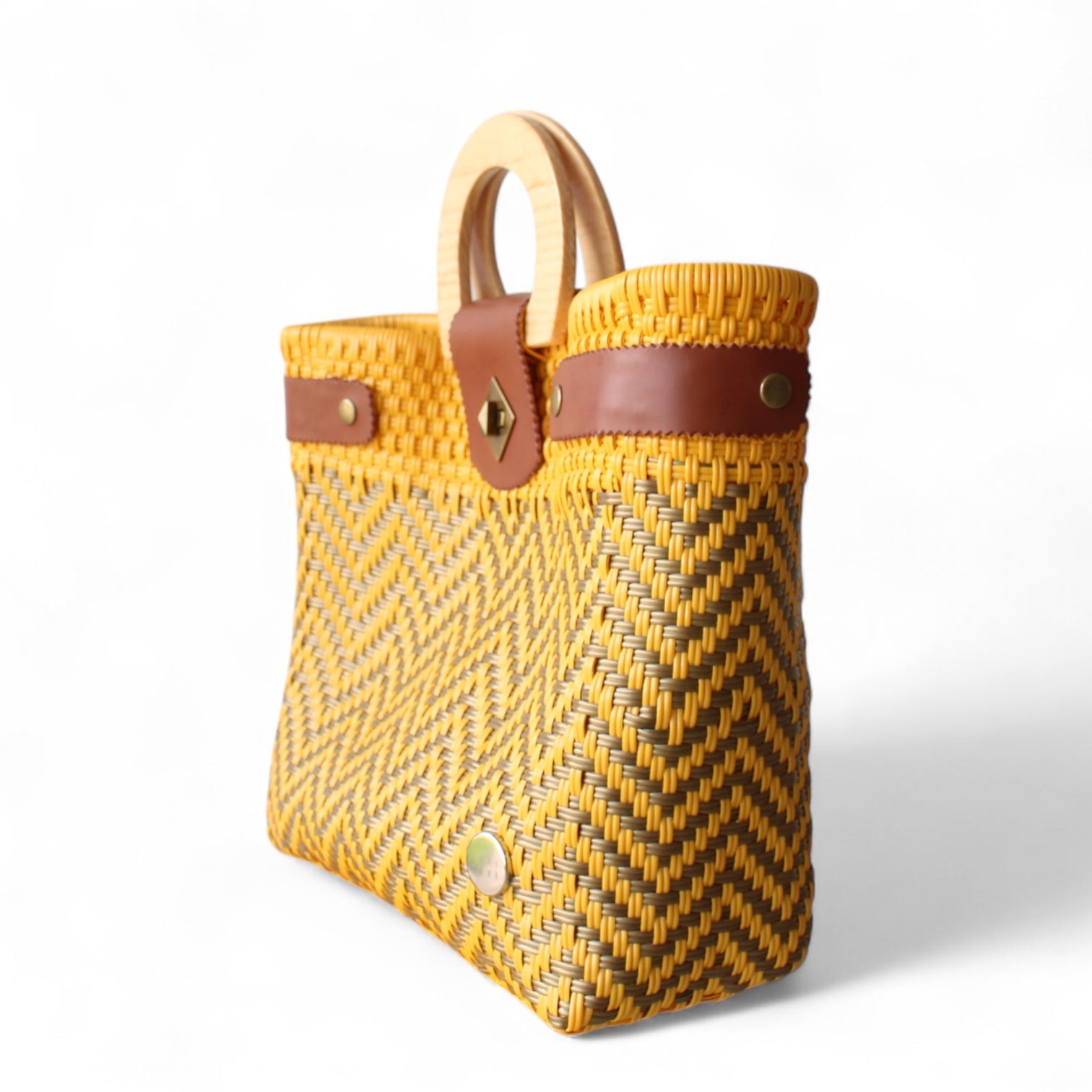 Yellow & Gold Chevron Mexican Tote Wood Handles