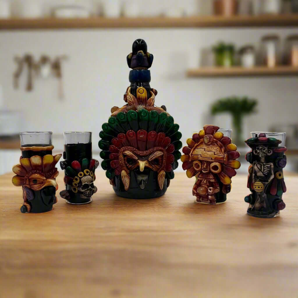 Mexican Shot Glass Set | Artisan Aztec Warrior Decanter Kit