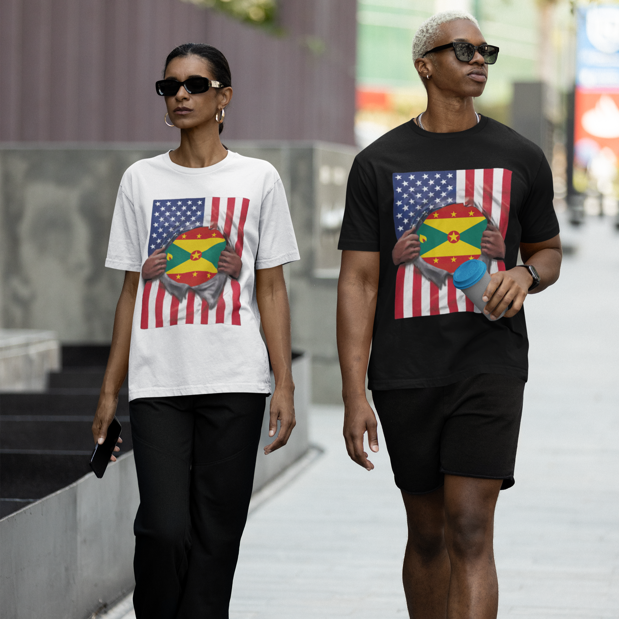Camiseta de Granada + Bandera de EE. UU. | Bandera de Granada + Americana Rasgada 4 de Julio | Camisetas Latinas Divertidas | 4 Colores
