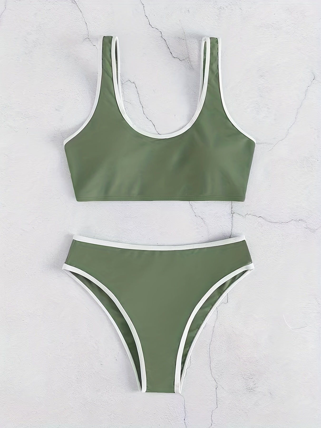 Bikini Scoop Neck Contrast Trim 2 Piece Swimsuit for Women – High Stretch Casual Bikini Set with Scallop Edge Detail and Matching Swim Briefs – Stylish Solid Color Swimwear for Beach Days Pool Lounging and Summer Vacations