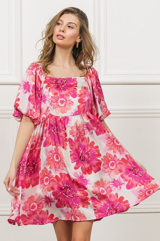 New Summer Floral Square Neck Puff Sleeve Mini Dress For Women, Vintage-Inspired Charm, Romantic Floral Print, Feminine Puff Sleeves for Casual & Dressy Occasions