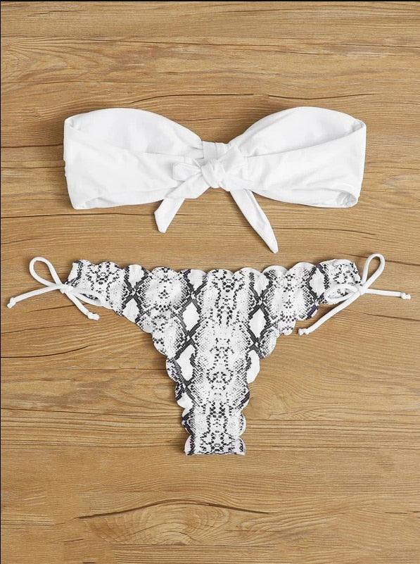 Beach Bikini Woman Lace Up Tie Strapless Leopard Swimsuit Women's Halter Bikini V Cut Bottom Lace Up Two Piece Swimsuits Female Push Up Ruffled Bow Bathing Suit Thong Swimwear