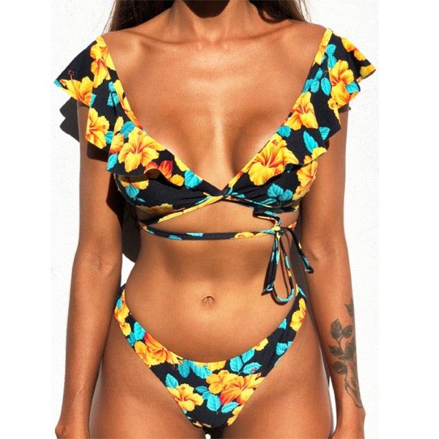 Beach Bikini Woman Lace Up Tie Strapless Leopard Swimsuit Women's Halter Bikini V Cut Bottom Lace Up Two Piece Swimsuits Female Push Up Ruffled Bow Bathing Suit Thong Swimwear