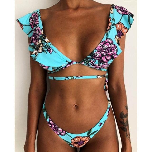 Beach Bikini Woman Lace Up Tie Strapless Leopard Swimsuit Women's Halter Bikini V Cut Bottom Lace Up Two Piece Swimsuits Female Push Up Ruffled Bow Bathing Suit Thong Swimwear