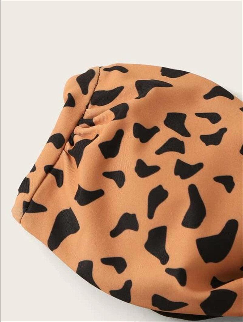Beach Bikini Woman Lace Up Tie Strapless Leopard Swimsuit Women's Halter Bikini V Cut Bottom Lace Up Two Piece Swimsuits Female Push Up Ruffled Bow Bathing Suit Thong Swimwear
